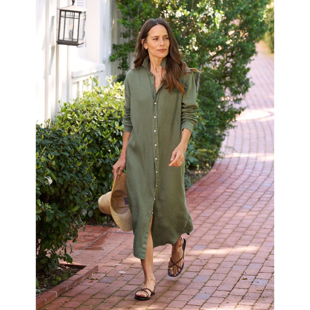 Frank & Eileen Rory Green 100% Linen Maxi Shirt Dress XS Long Sleeves Luxury